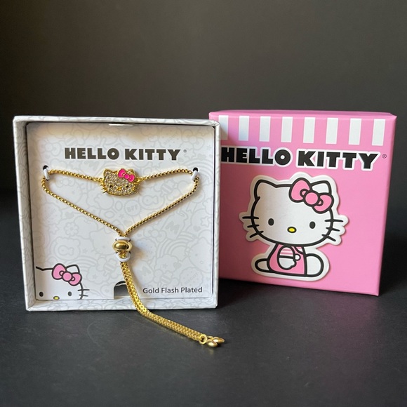 ✨🎀✨ Hello Kitty pave gold plated lariat bracelet with pink enamel bow 🎀 - Picture 2 of 3